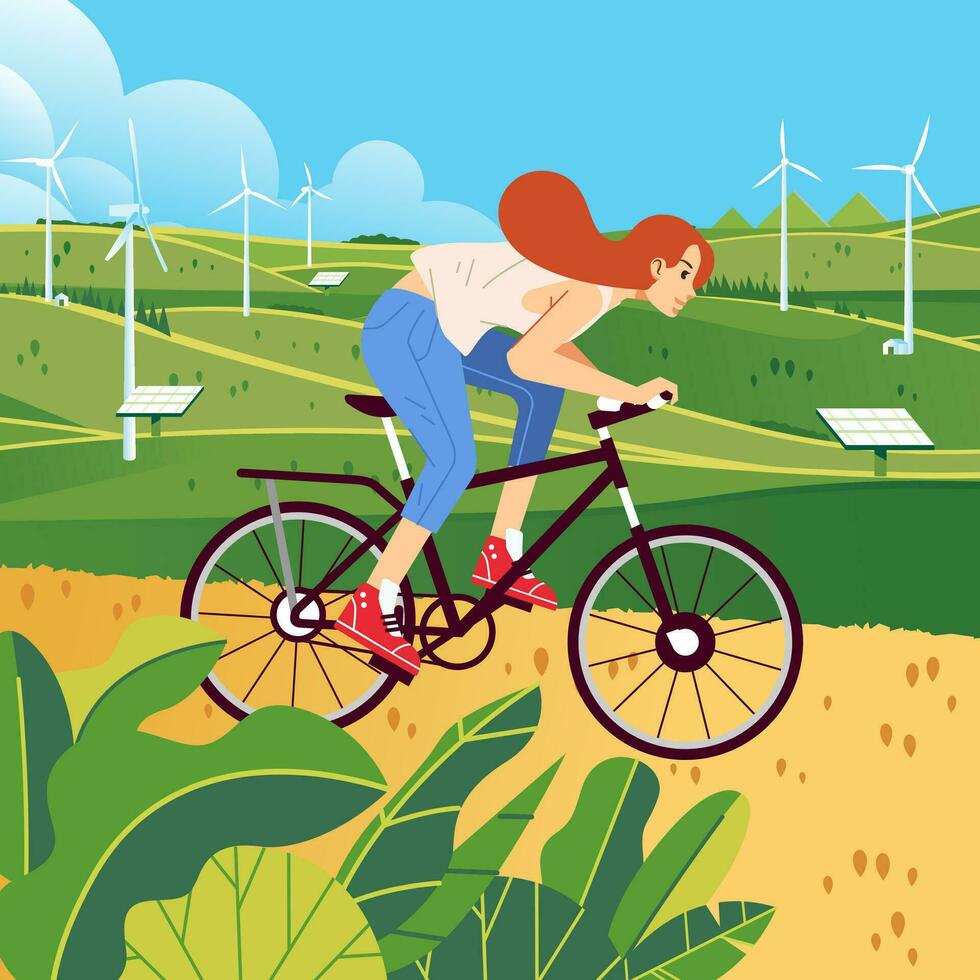 Word environment day. Girl riding a bicycle over green hills with energy fields sustainable renewable energy, solar panel, wind turbine vector