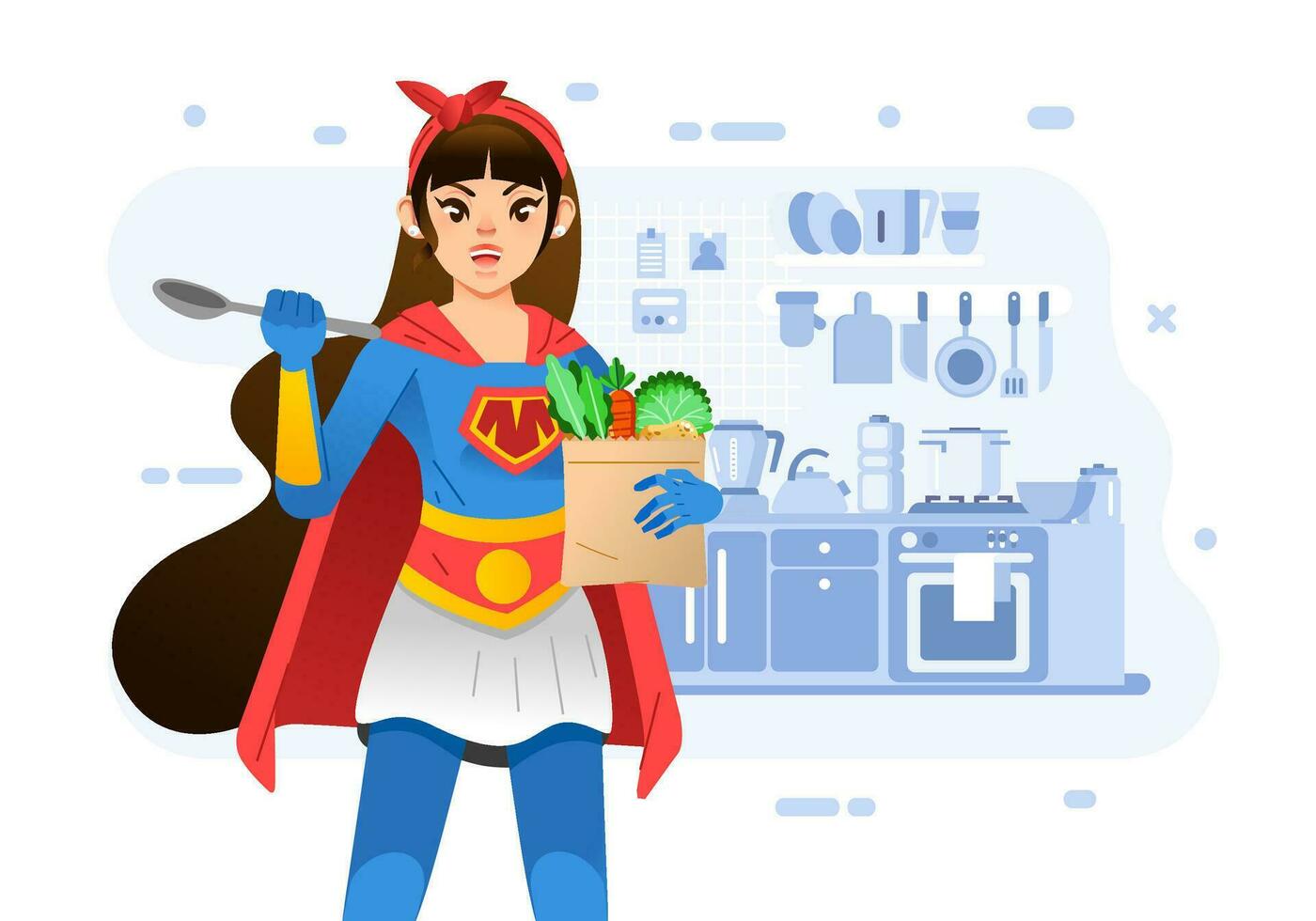 young mother wearing superhero costume while holding spoon and groceries in the kitchen, with kitchen interior as background vector