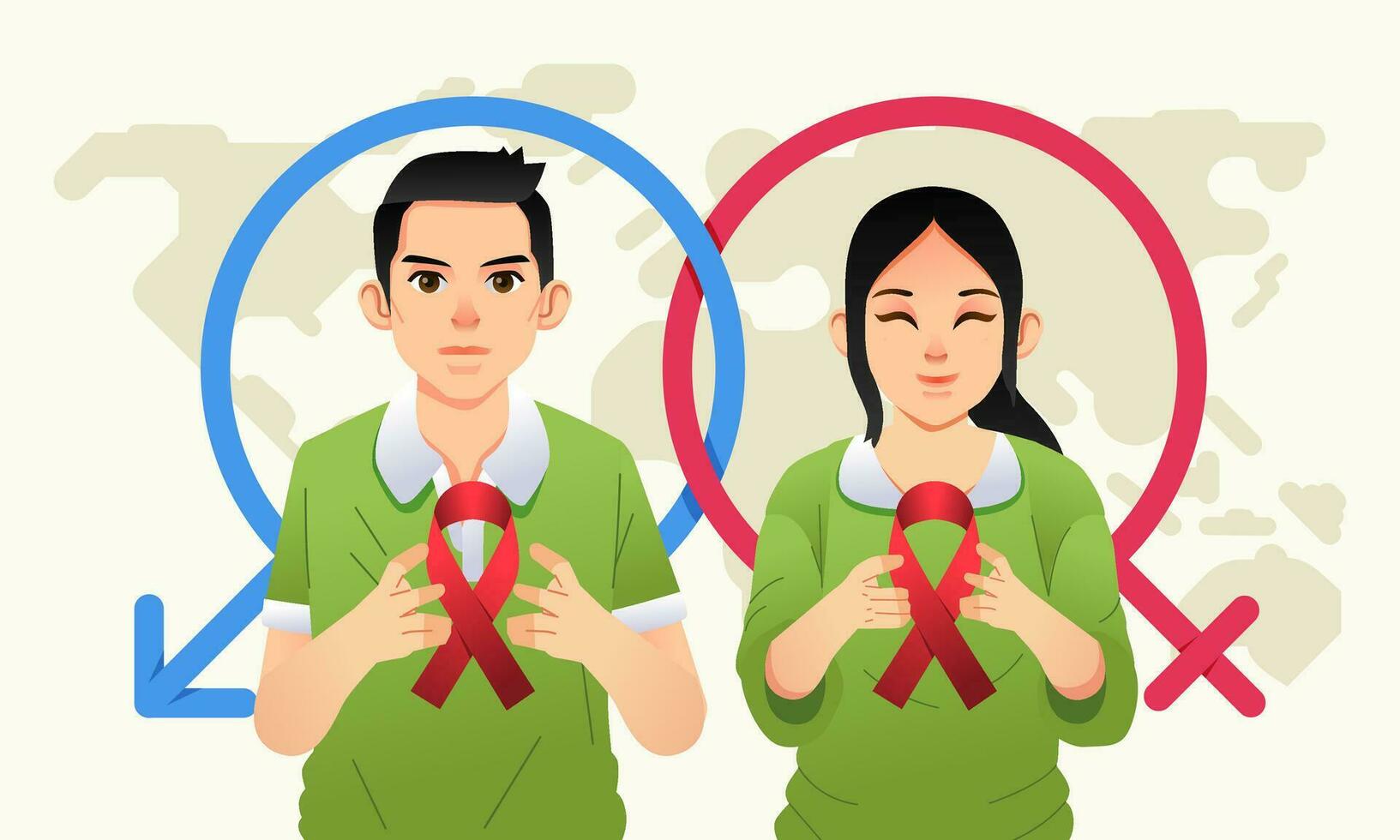World sexual health day with man and women carried AIDS logo on their hand and world map as background vector illustration
