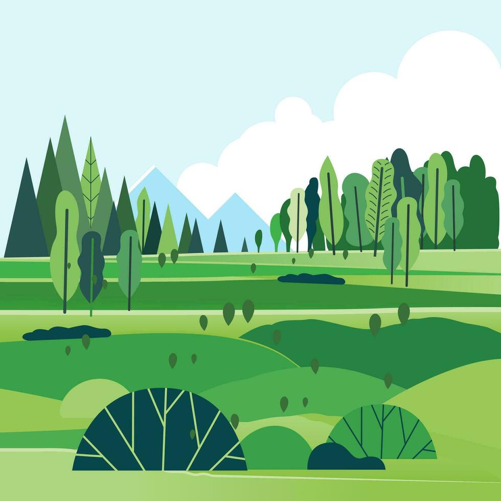 Natural green spring landscape park or forest outdoor background with mountains Environmentally friendly natural flat illustration vector