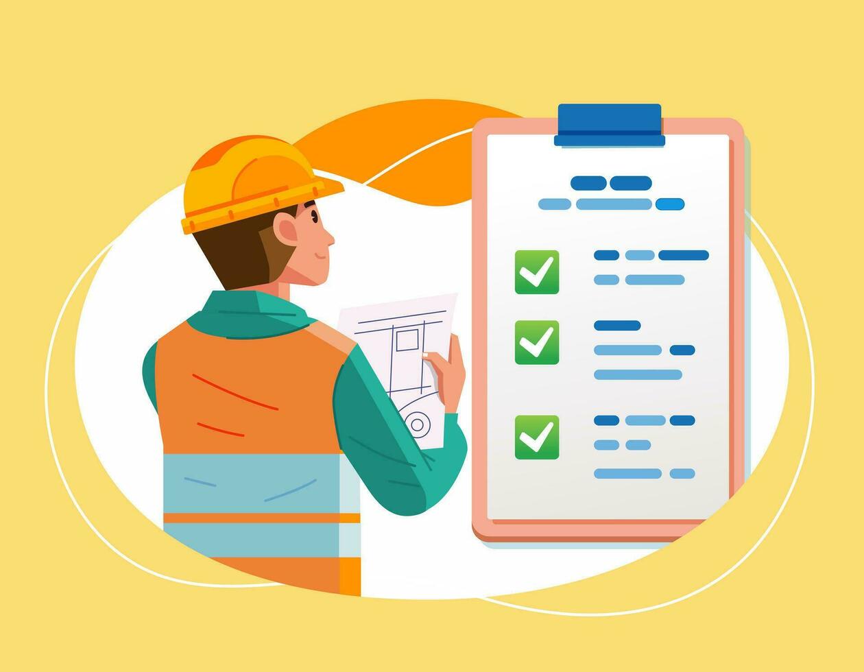 Construction worker man with marked checklist on clipboard Successful completion of tasks target Flat vector illustration