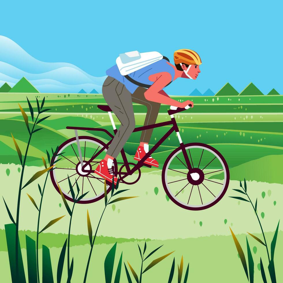 deportivo hombre paseo por bicicleta en parque al aire libre naturaleza colinas campo. verano paisaje paisaje con arboles y hojas vector