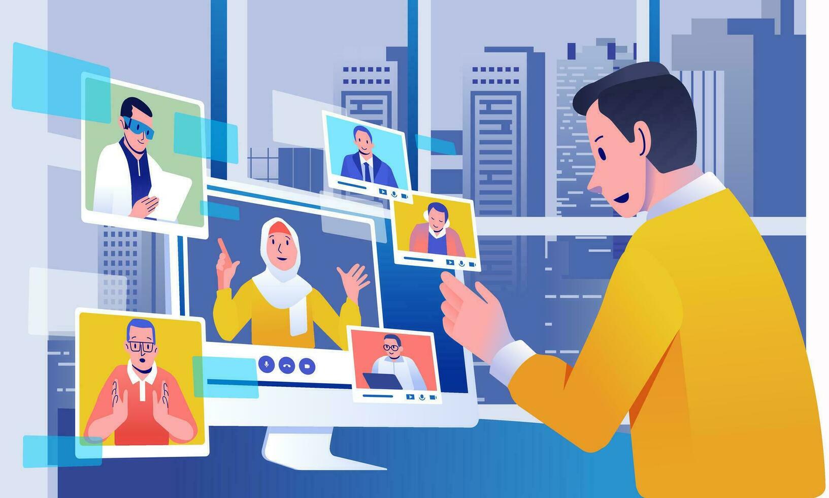 Character People work Remote Video Meetings with Colleagues, Online Discussion and Video Conferencing Concepts. Floating window screen vector