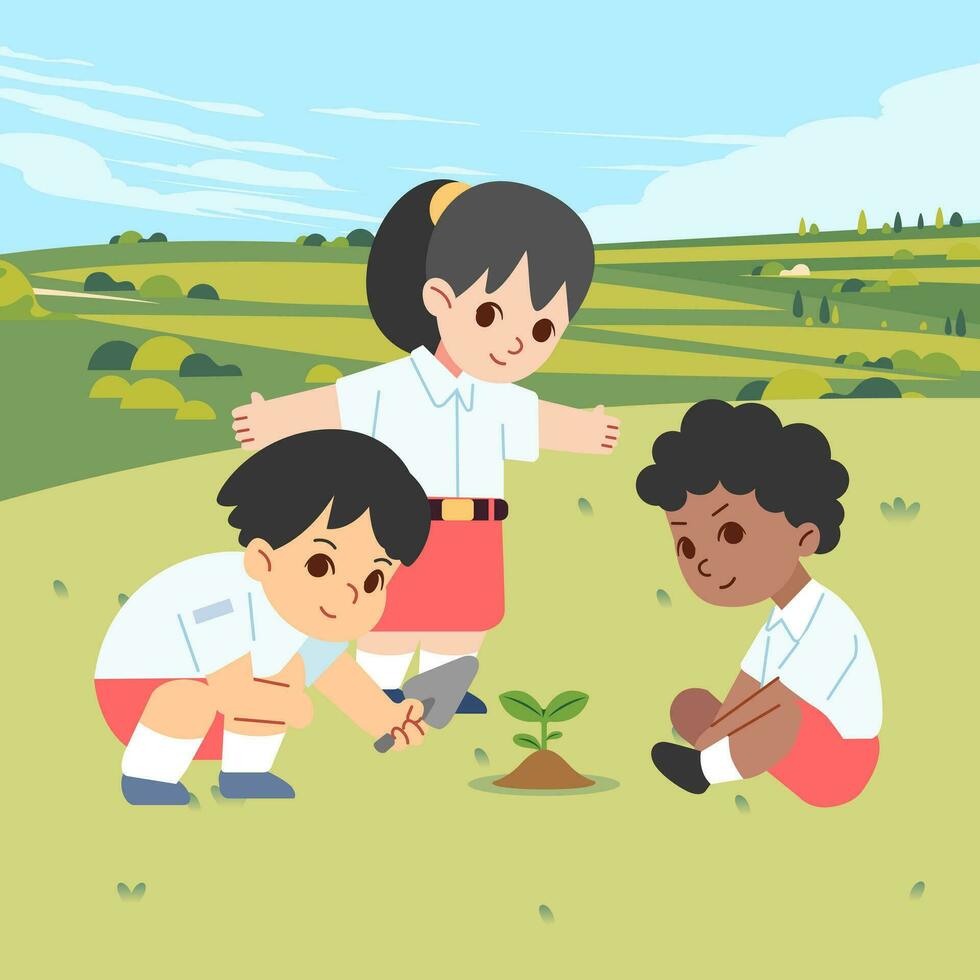 Children planting sprout plant seed together in nature garden park. Natural care ecology Environmental Save preservation Earth vector