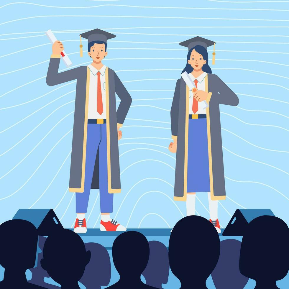 Man and woman graduate students standing together on stage and audience silhouette Flat style vector illustration