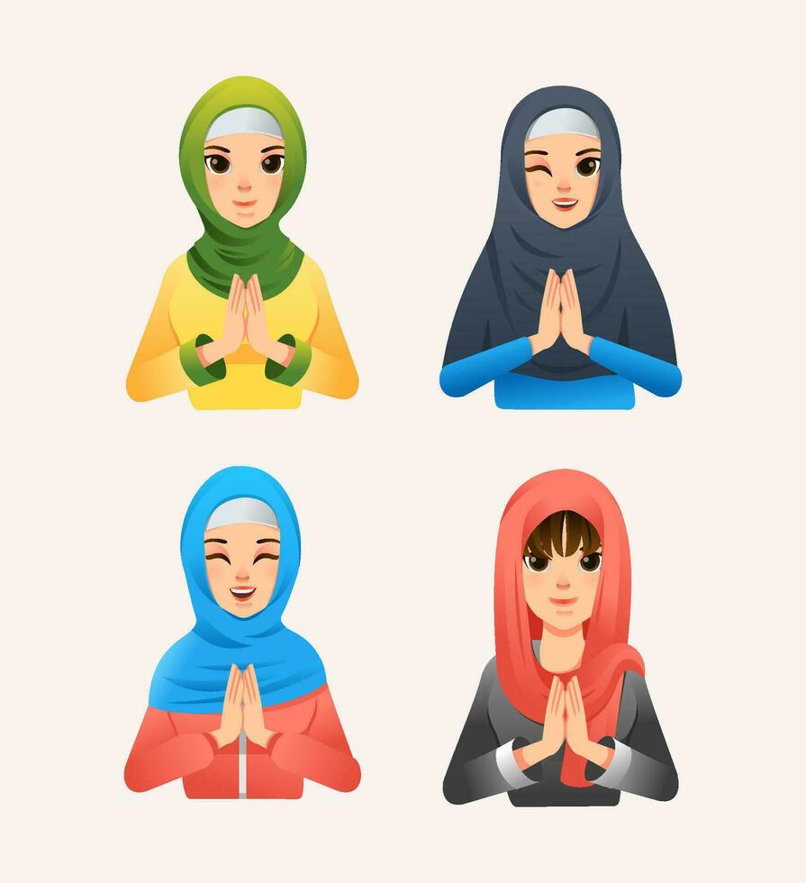 set of muslim women wearing hijab with different style and different facial expression vector illustration