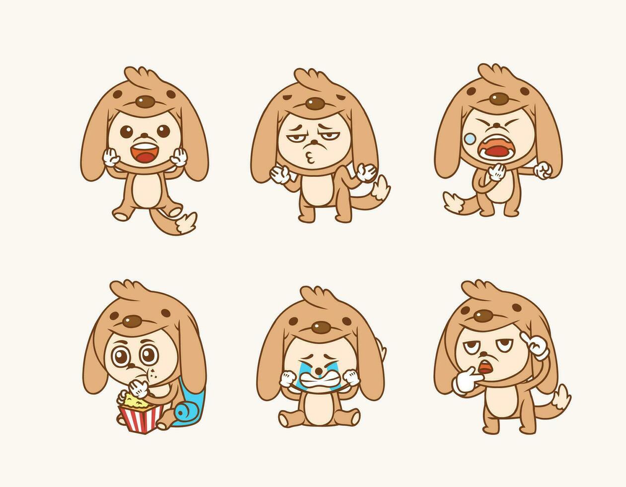 illustration pack of people wearing cute dog costume with different activities and facial expression vector