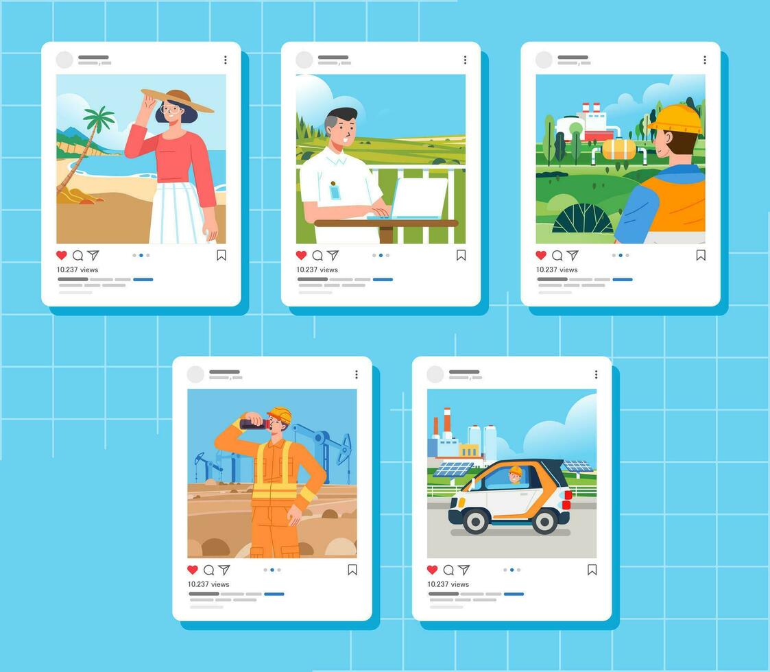 Post various professions and activities on social media template illustration browsing social network make posts and share vector