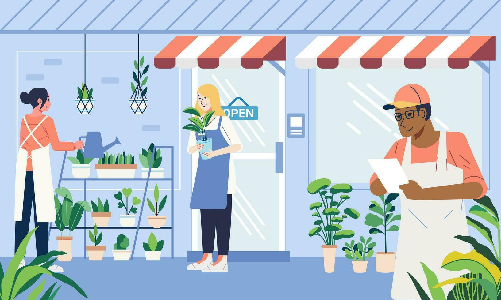 activities of shopkeepers in a plant shop, taking orders, watering plants, moving potted plants vector illustration