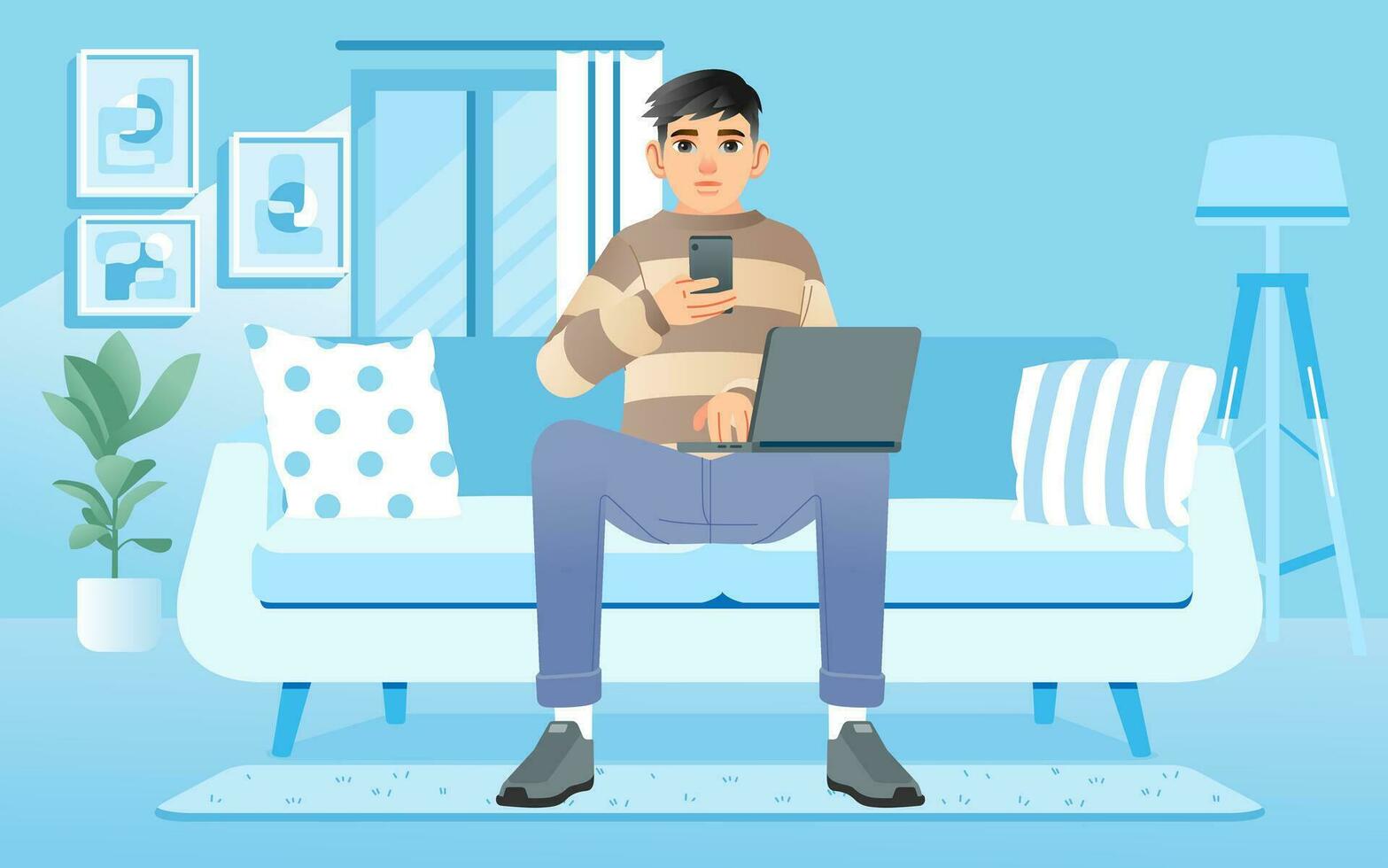 Young man sitting with laptop on sofa at home Work on the computer Freelance online education or social media concept vector