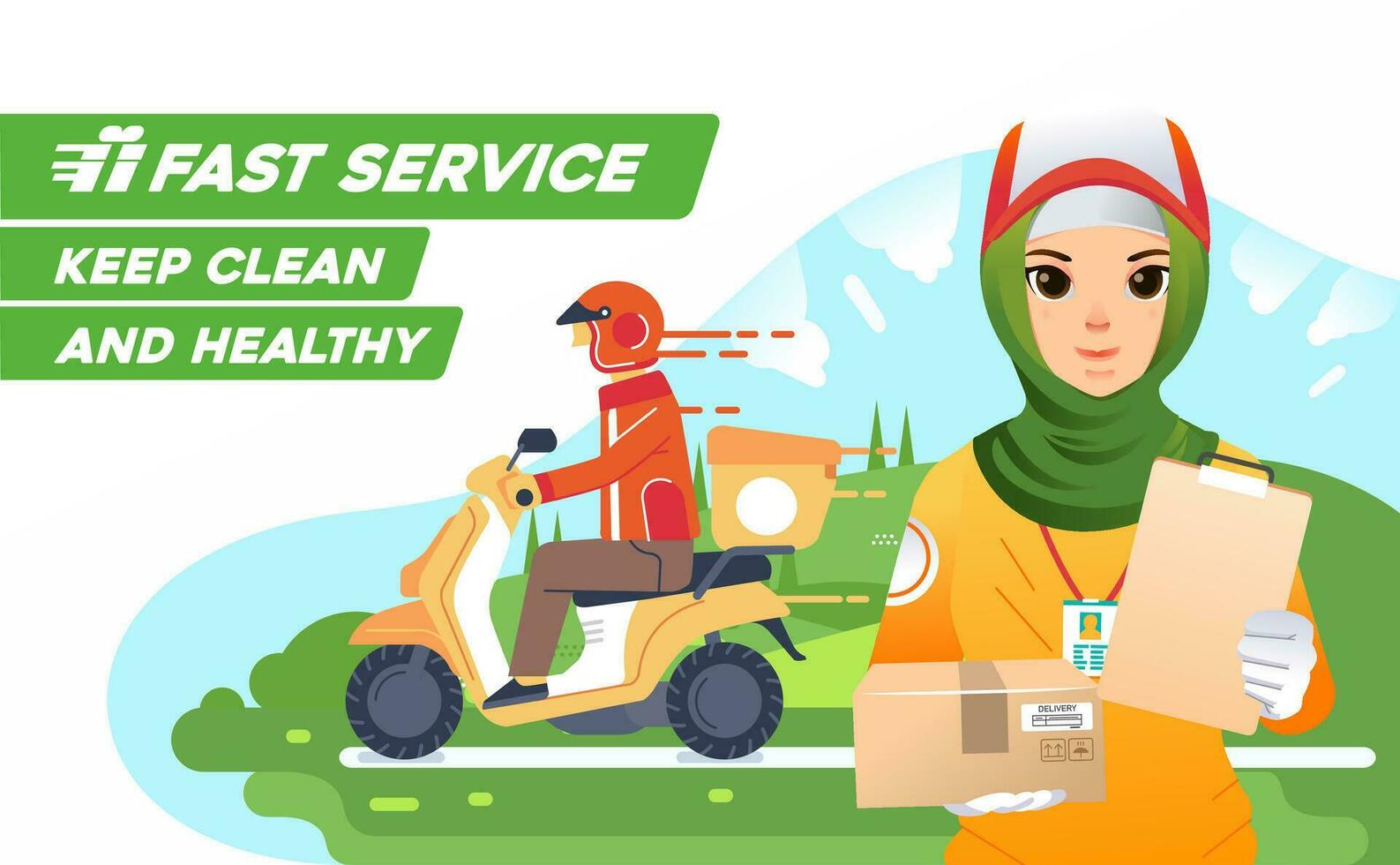 hijab girl deliverry courier deliver as mascot deliverry company, sending package using scooter with healthy and clean standart vector