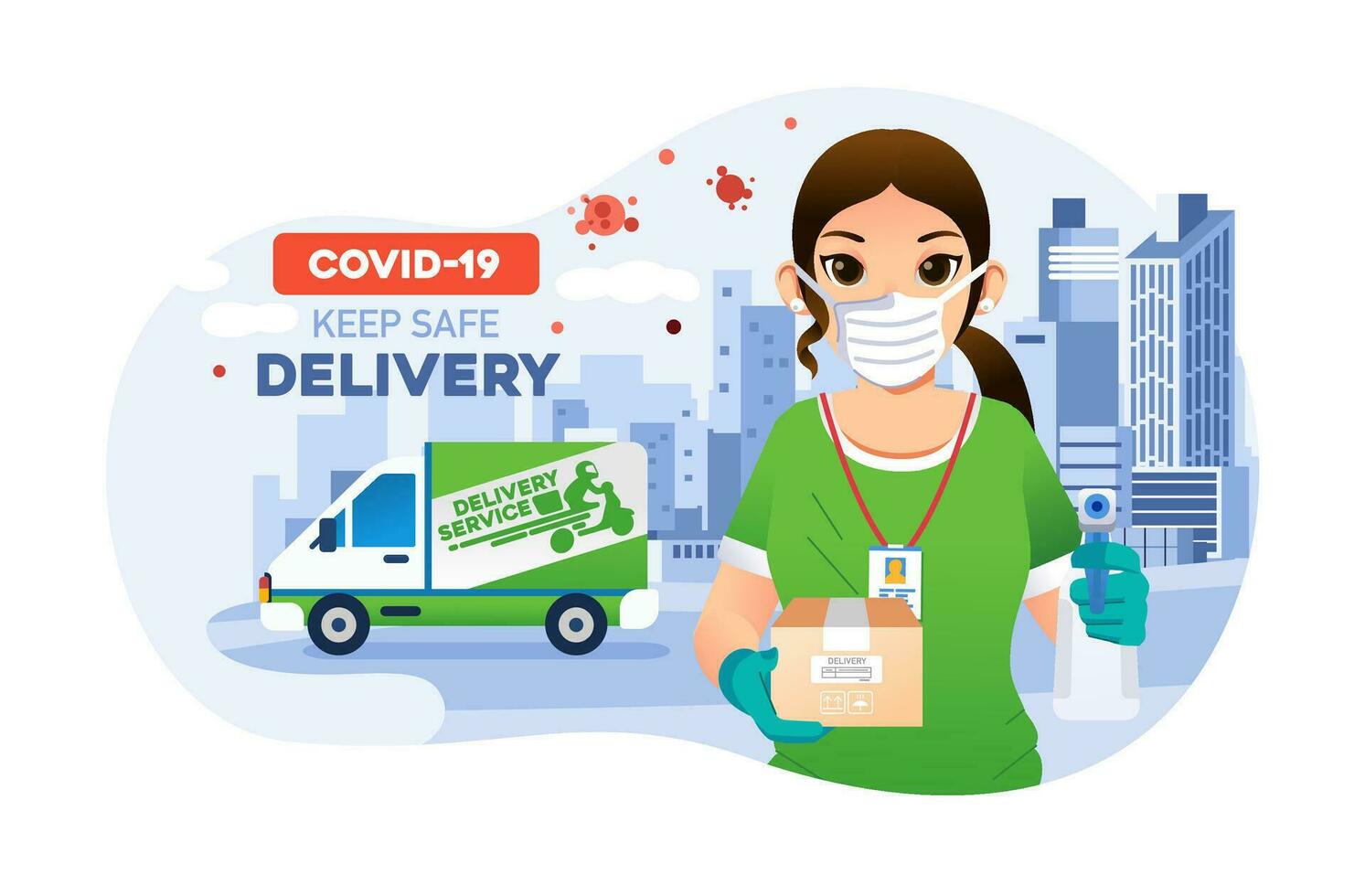 women courier deliverry deliver the package with safety and healthy standart. deliverry car and city as background vector