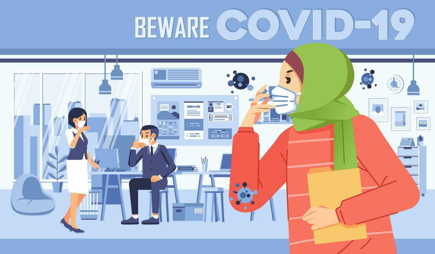 COVID-19 virus spreading in office, self awareness, wearing mask and avoid crowd vector