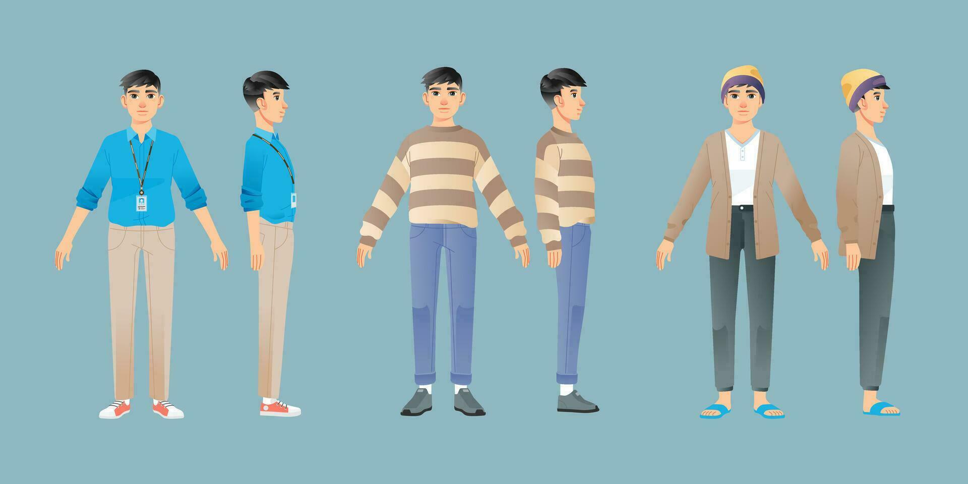 Collection of Young male man in different fashionable style clothes standing set front side business office casual Vector illustration character isolated