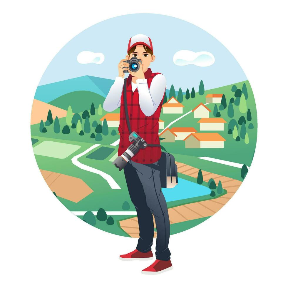 young photographer with two digital camera and waist bag take a photograph of countryside landscape vector illustration