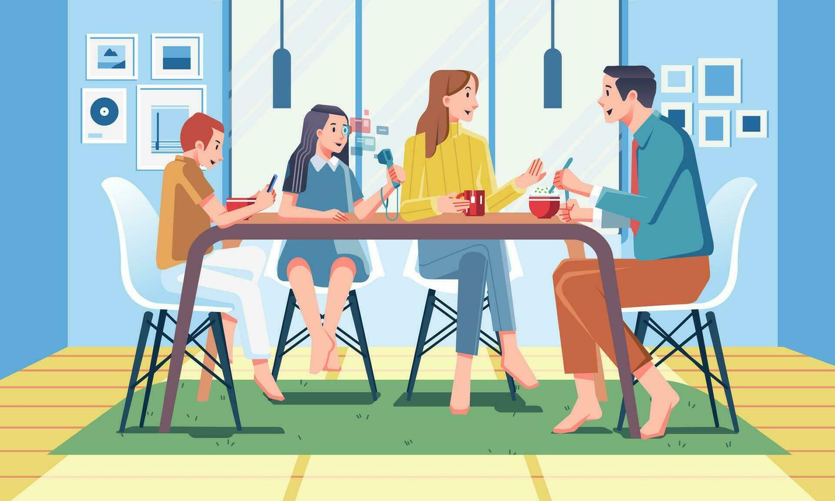 un familia teniendo desayuno juntos a el comida mesa, padre hablando a madre, hija jugando virtual realidad, y hijo jugando teléfono inteligente vector ilustración