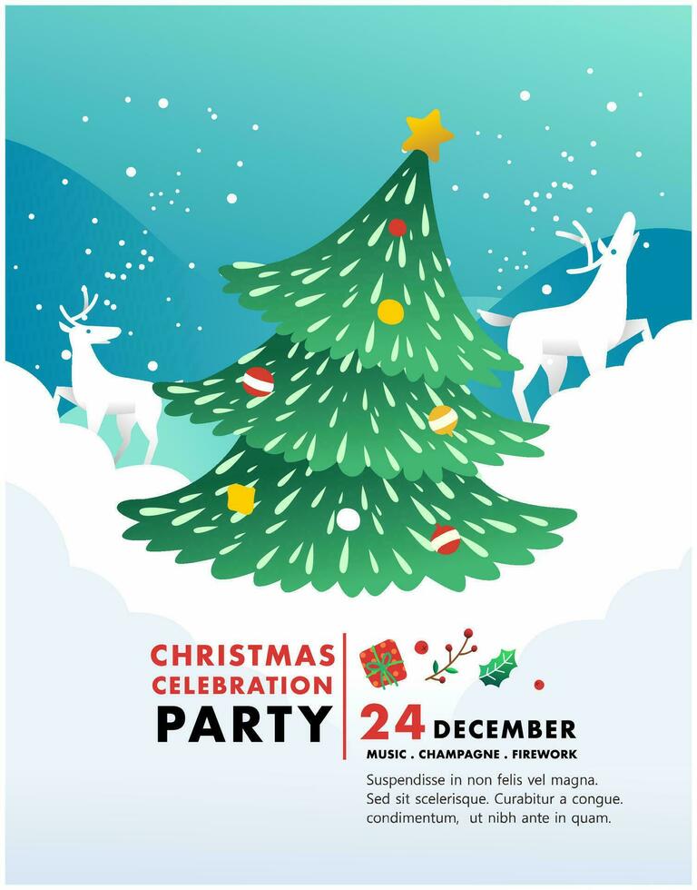 Navidad celebracion fiesta invitación con Navidad árbol, regalo y nieve ilustración vector