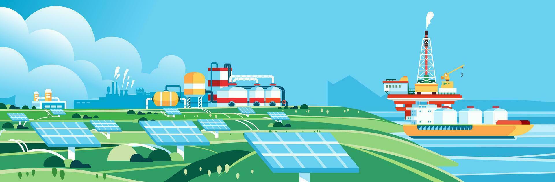 Landscape field with solar panels Sustainable renewable green and oil offshore energy concept Scenery with eco-friendly electricity resources power plan factory vector