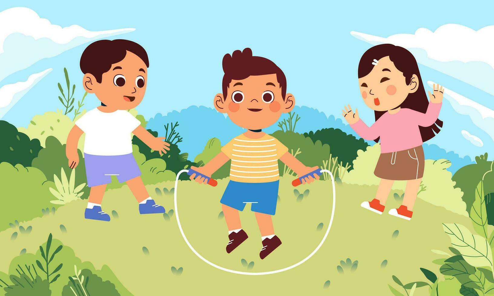 Happy boy and girl children playing jump rope in a green and sunny hill field vector