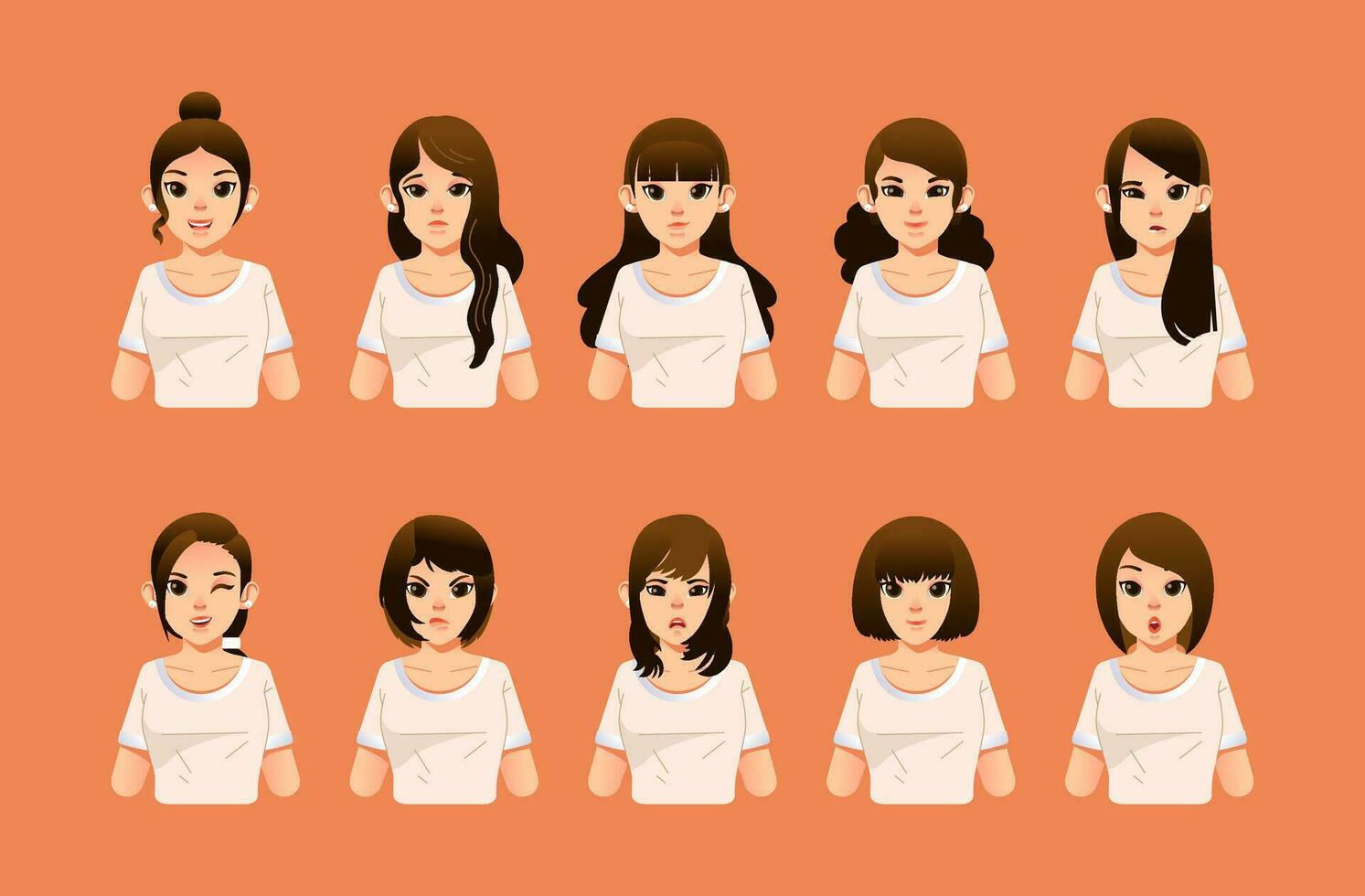 set of woman character with different hair styles and facial expression front side flat vector illustration