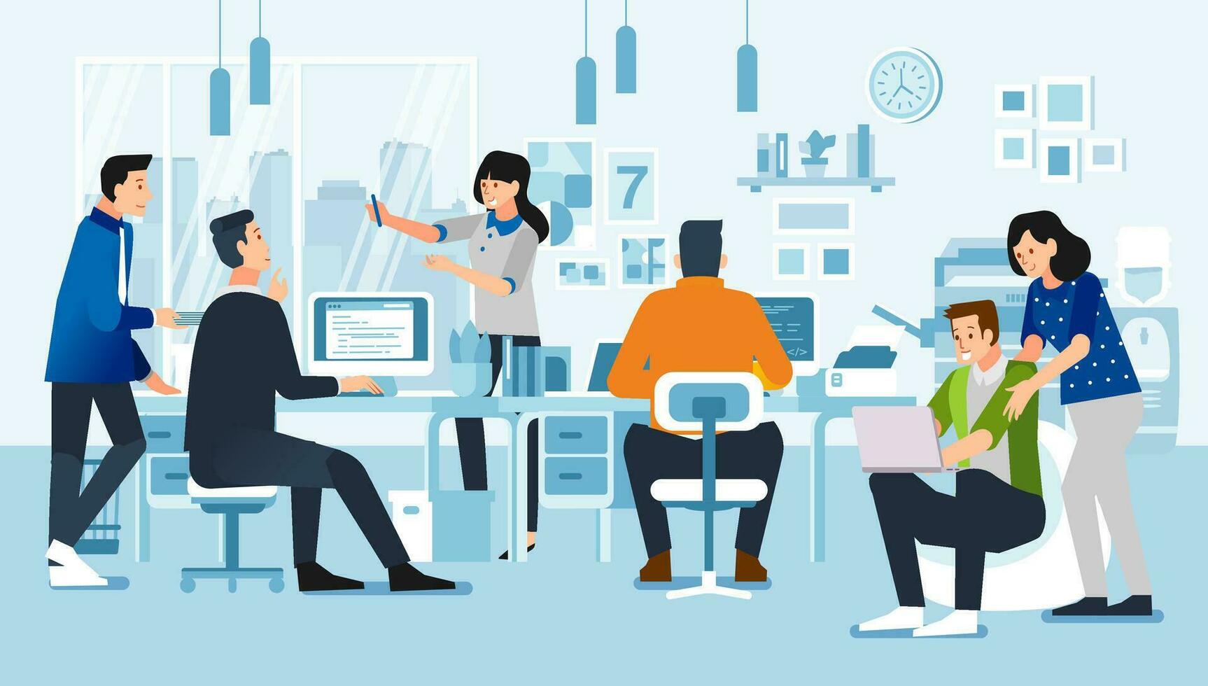 people in office with their activities, discussing, working with computer, with office interior vector illustration