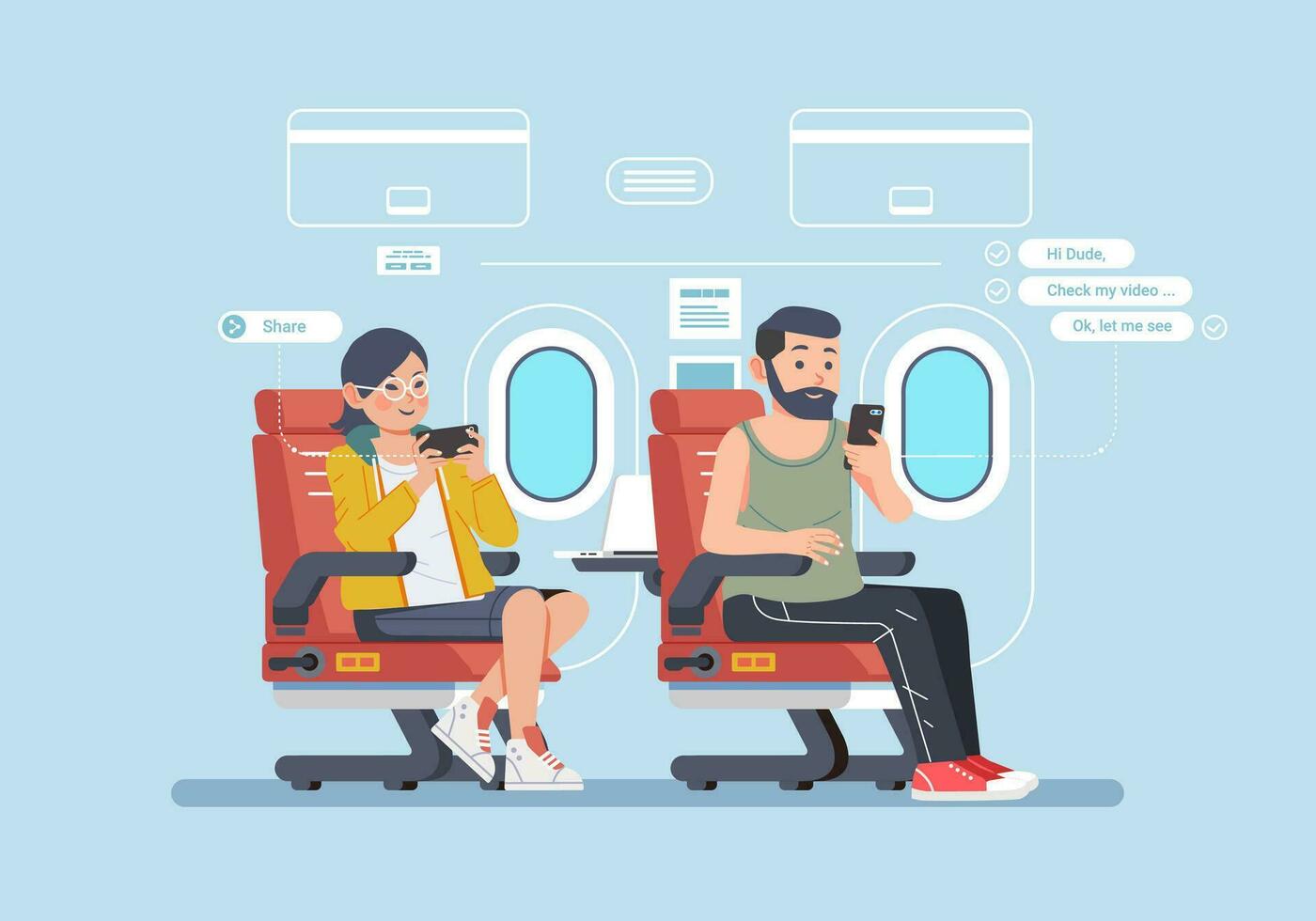 personas viaje por avión vector ilustración y ocupado con su teléfono inteligente, avión interior con soltero asiento y ventana como antecedentes