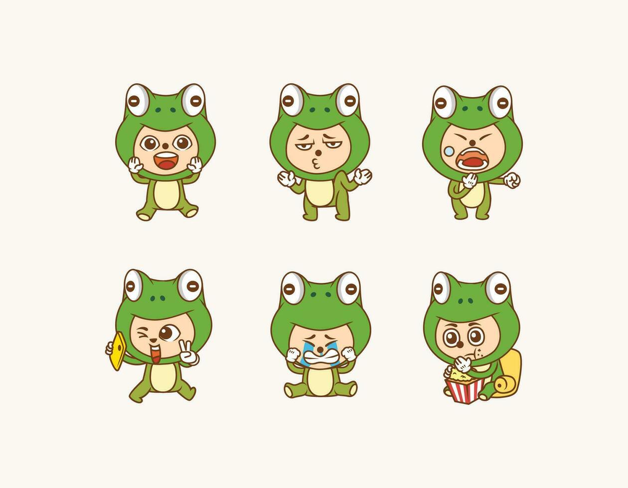 set of people wearing cute frog costume as emoticon character with different activities and expression vector