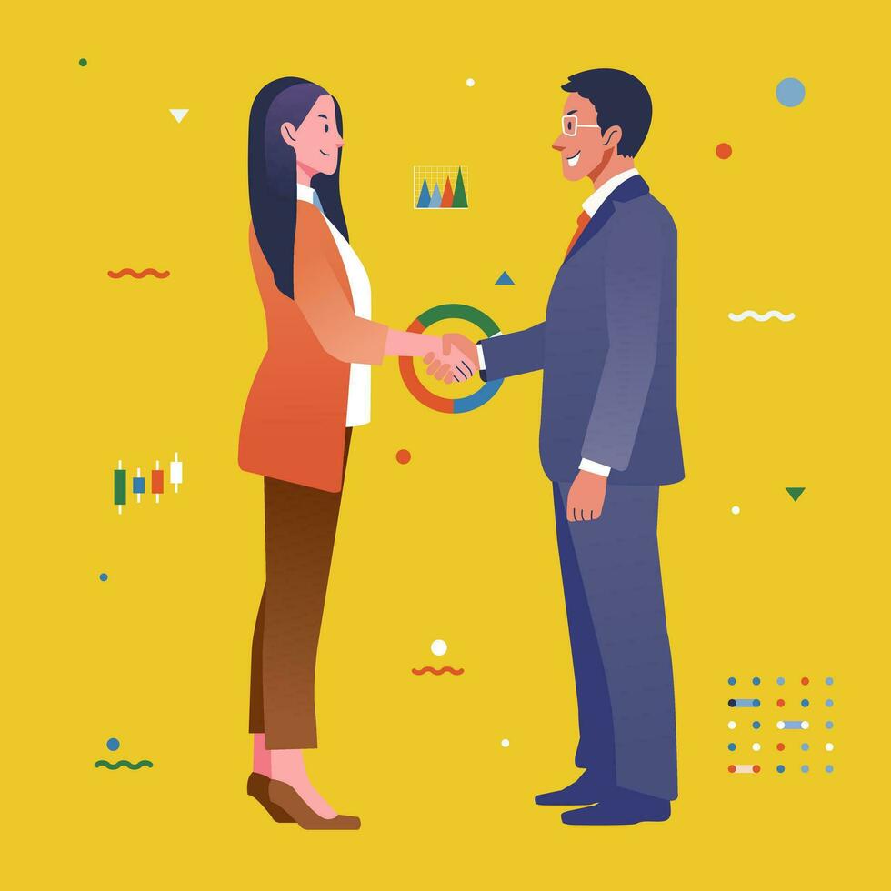 Woman and man Entrepreneurs shake hands, into a cooperation agreement with graphic chart as background vector