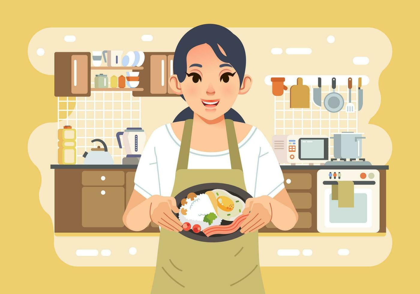 Mother wearing apron and holding a plate full of food with kitche interior as background vector illustration