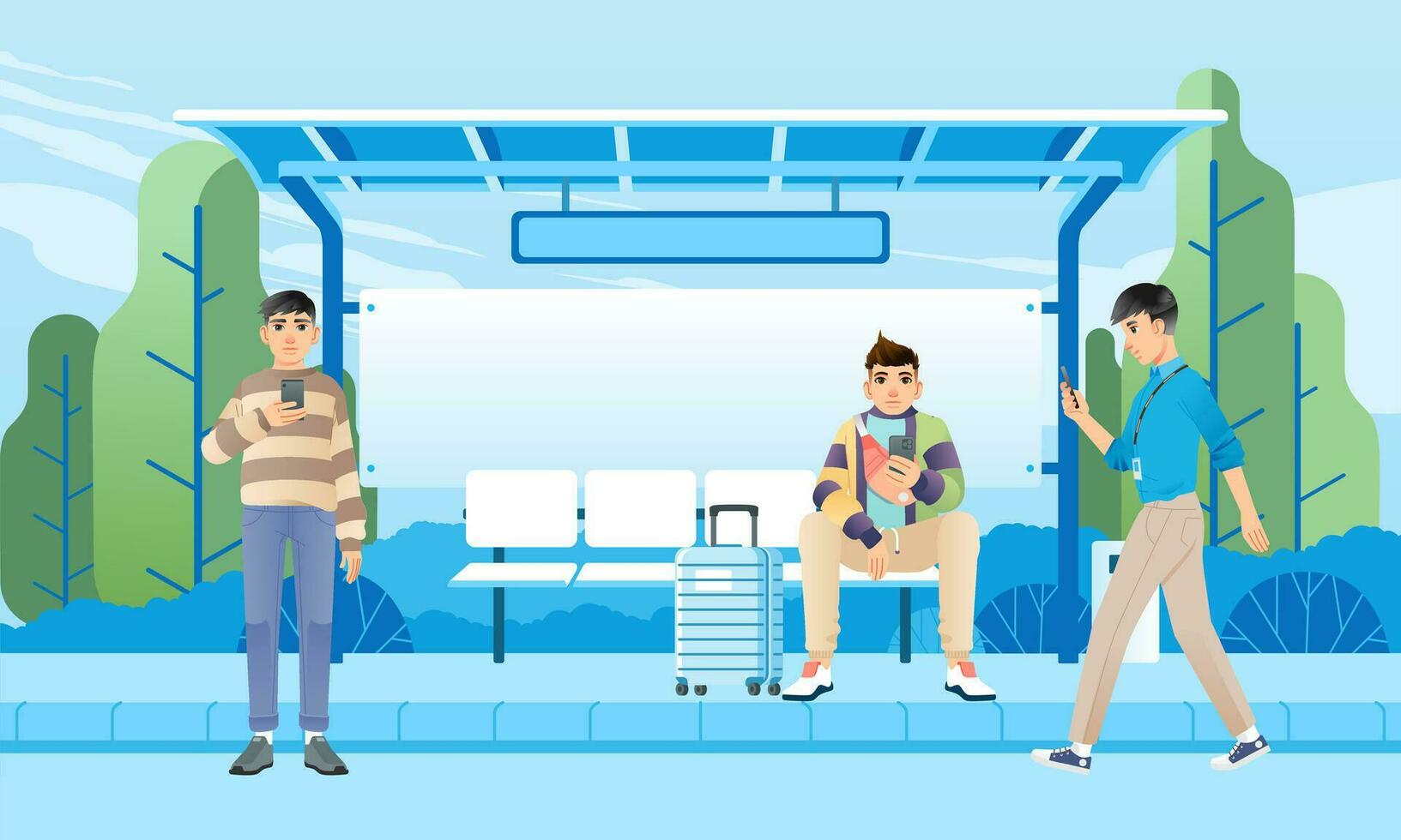 Phone addicted commuters at bus stops Diverse group of people checking their phones while waiting for the bus concept vector illustration