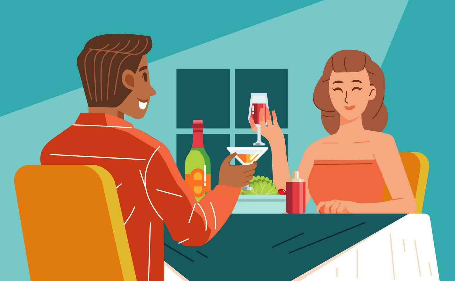 vector illustration of young couple having romantic dinner in the restaurant, drinking wine while chatting