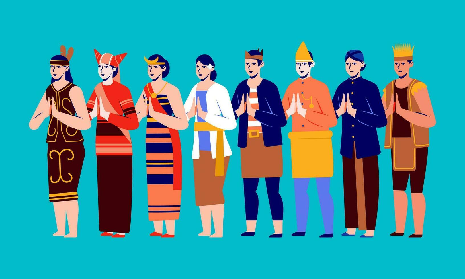 the cultural diversity of the Indonesian state, people wear traditional clothes from each region vector