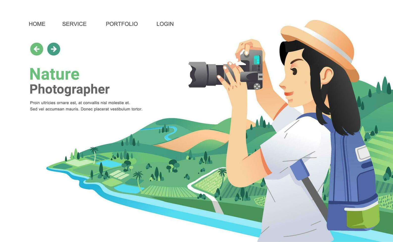 young girl taking a picture of beautiful rural landscape with digital camera, the girl wearing hat and bring backpack. landscape as background vector