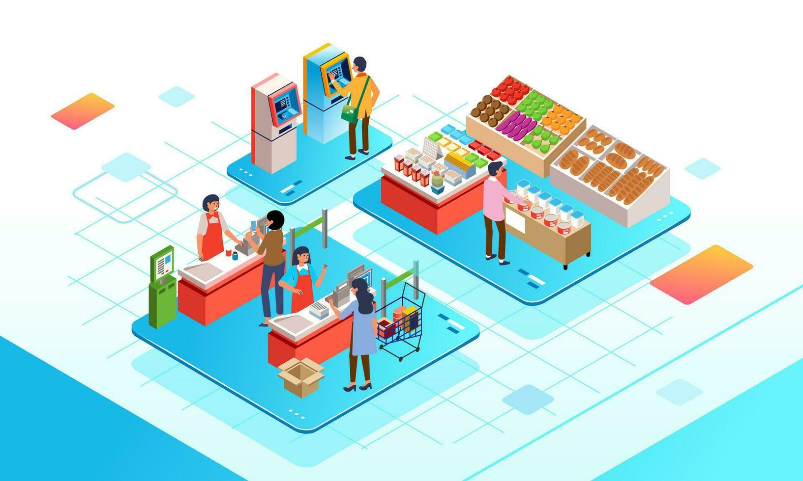Isometric grocery market interior, supermarket showcase and checkout counter people shop and pay. simple digital vector
