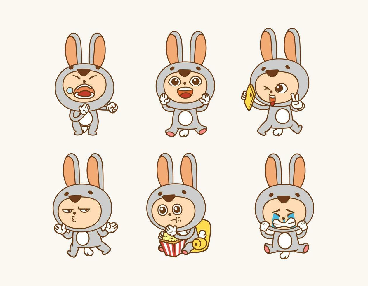 set of people wearing cute rabbit costume with various pose and facial expression vector illustration