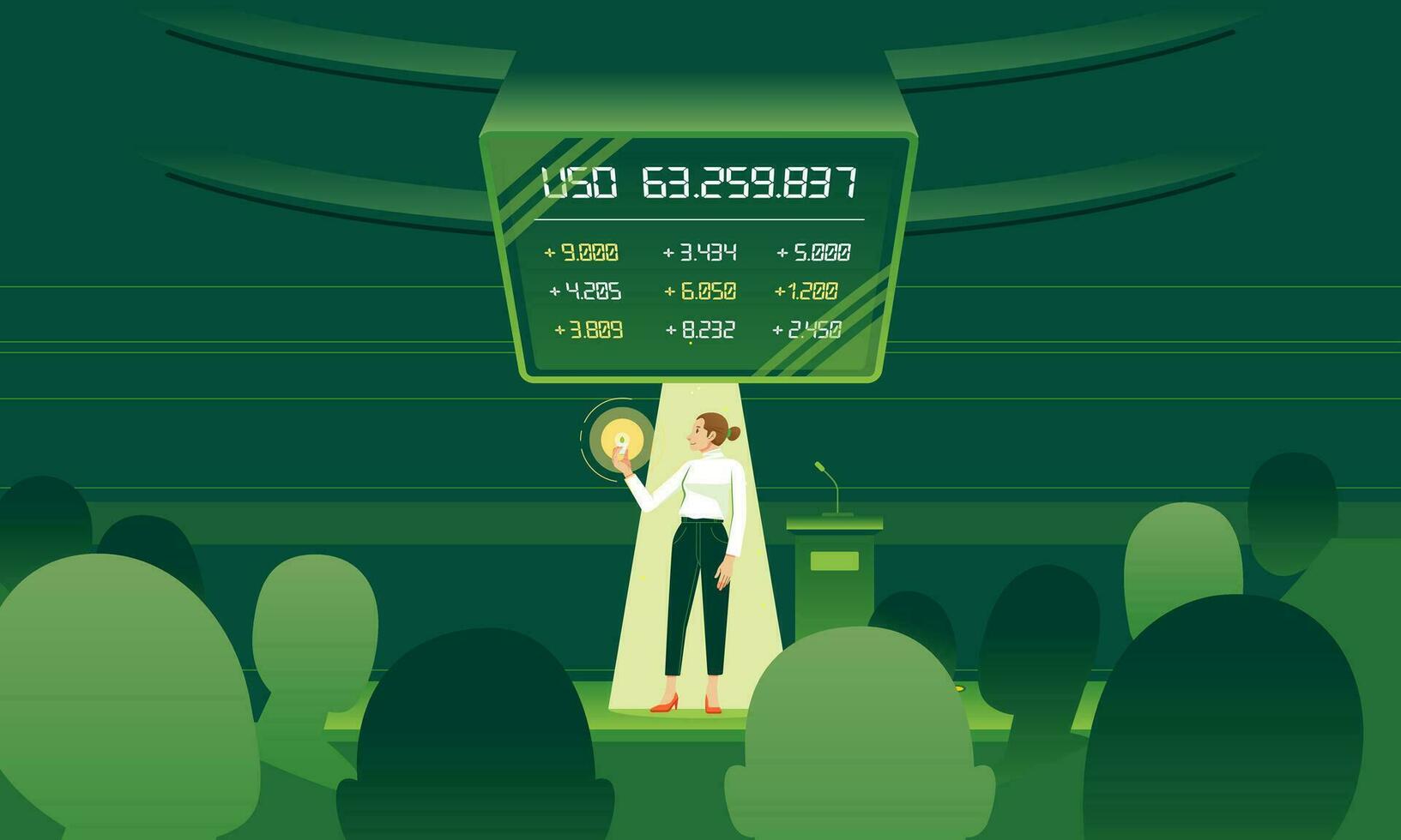 Woman on convention hall stage holding green light bulb presenting renewable energy idea for the advancement of economic growth stock Exchange with audience vector