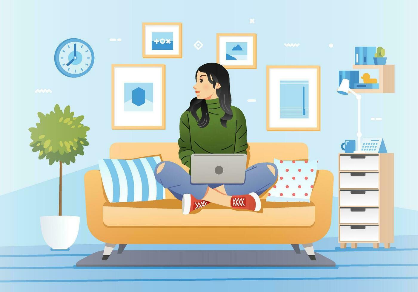 young girl working at home sitting in couch and laptop on her lap with living room interior as background vector