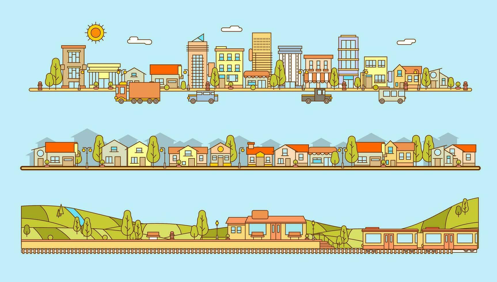 conjunto de línea estilo paisaje urbano, alojamiento complejo y tren estación con pueblo paisaje y colinas plano vector ilustración