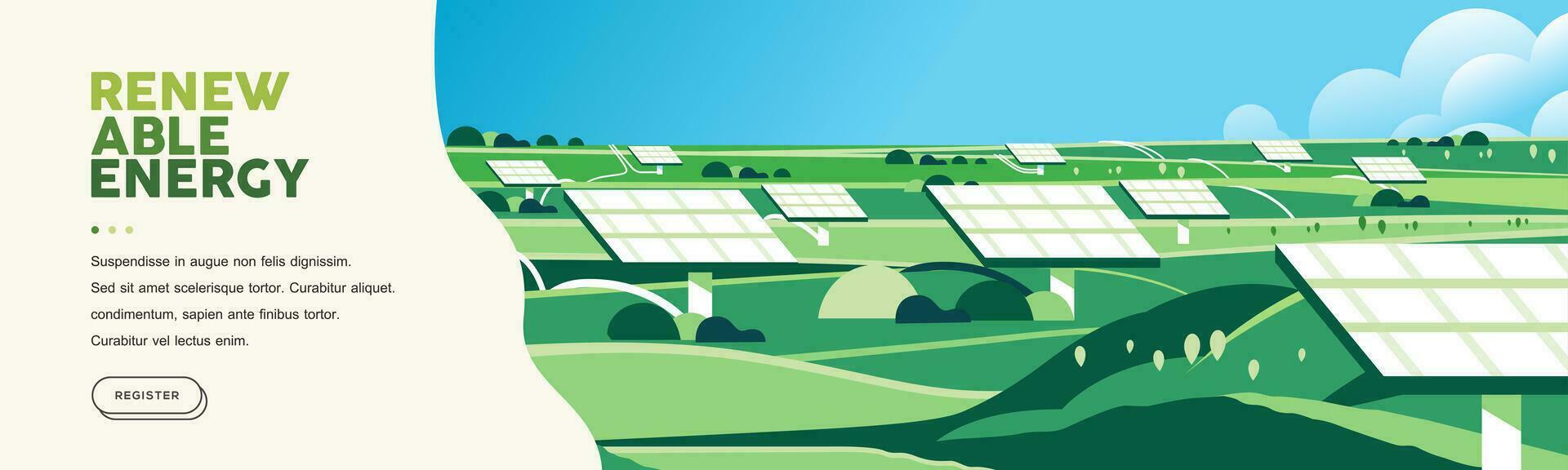 Green hills nature landscape Eco friendly technology, renewable alternative energy, solar panel, sustainable environment banner vector