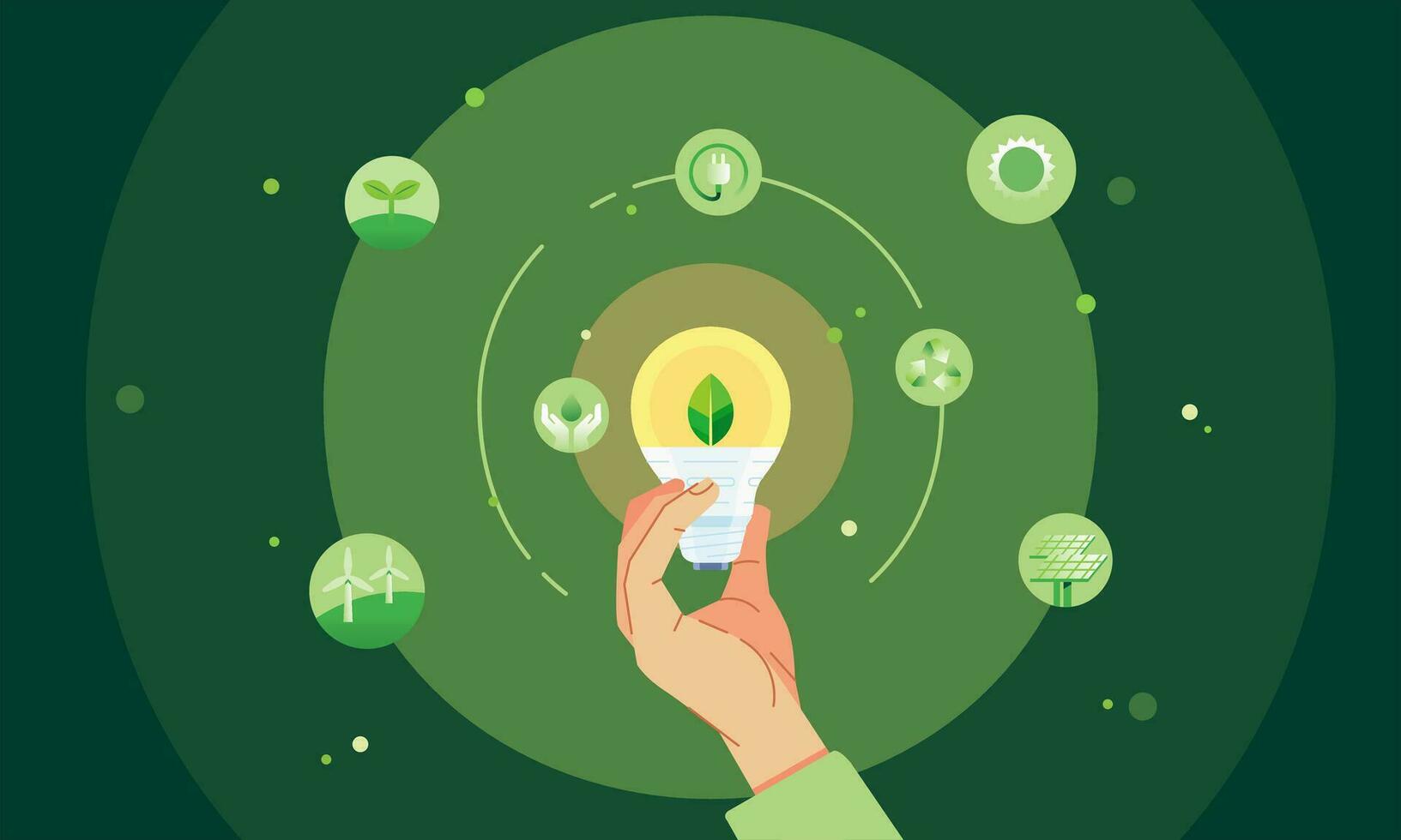 Hands holding green ecology light bulb renewable energy idea environmental icons windmill, recycle, solar panel, electric car eco friendly technology concept vector