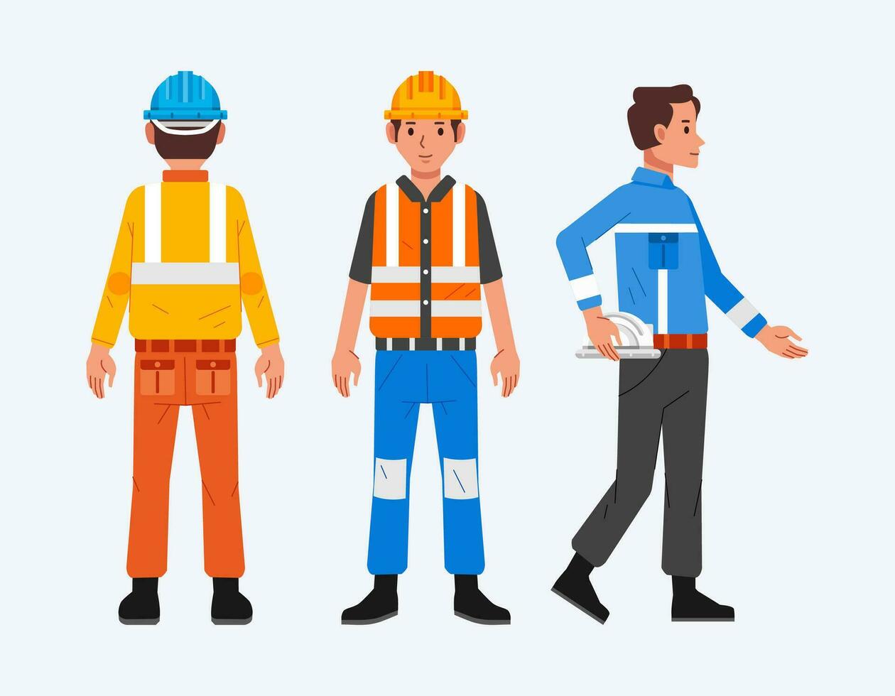 set of construction worker man character with multiple sides wearing different uniform and wearing safety helmet and vest vector illustration