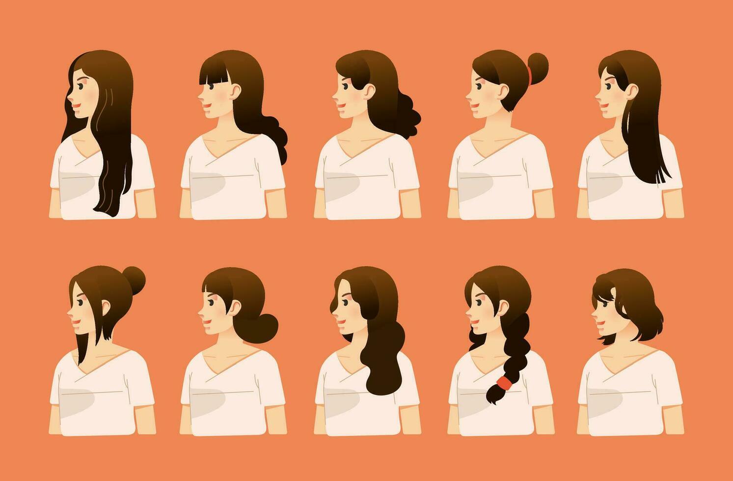 set of girl character with different hair styles from side view flat vector illustration