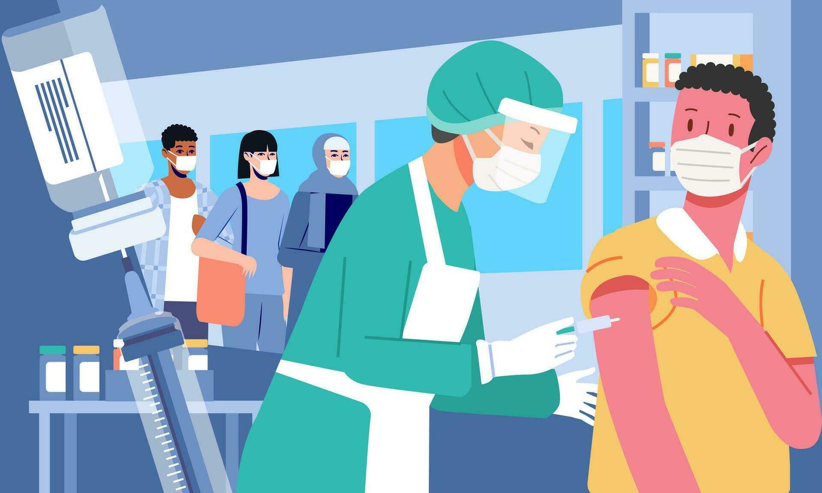 Vaccination against virus. a young man being vaccinated by a nurse and people waiting in line concept illustration vector