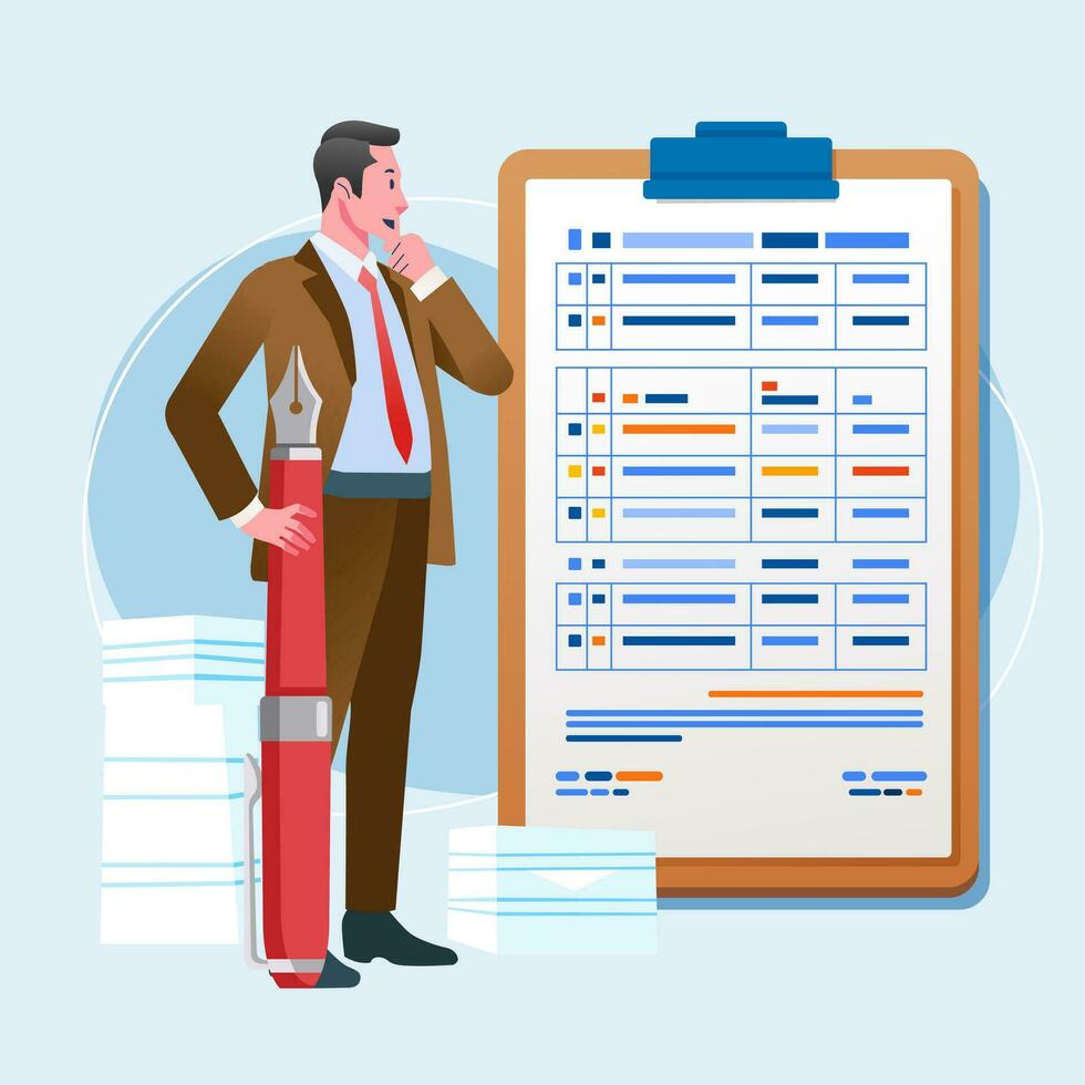 Businessman with pen filling list on notepad Concept of Survey quiz or agreement document Vector illustration in flat style
