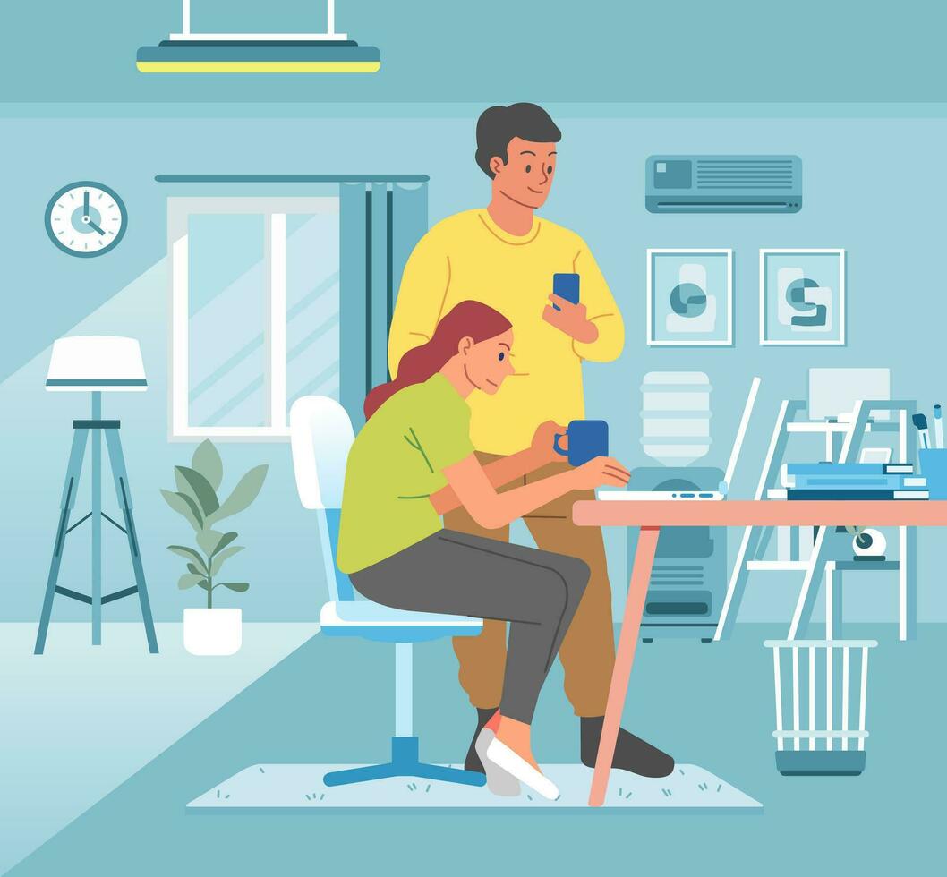 Work at home. Freelance people working in comfortable with a cup of coffee. Freelancer male and female characters working on laptop at home vector