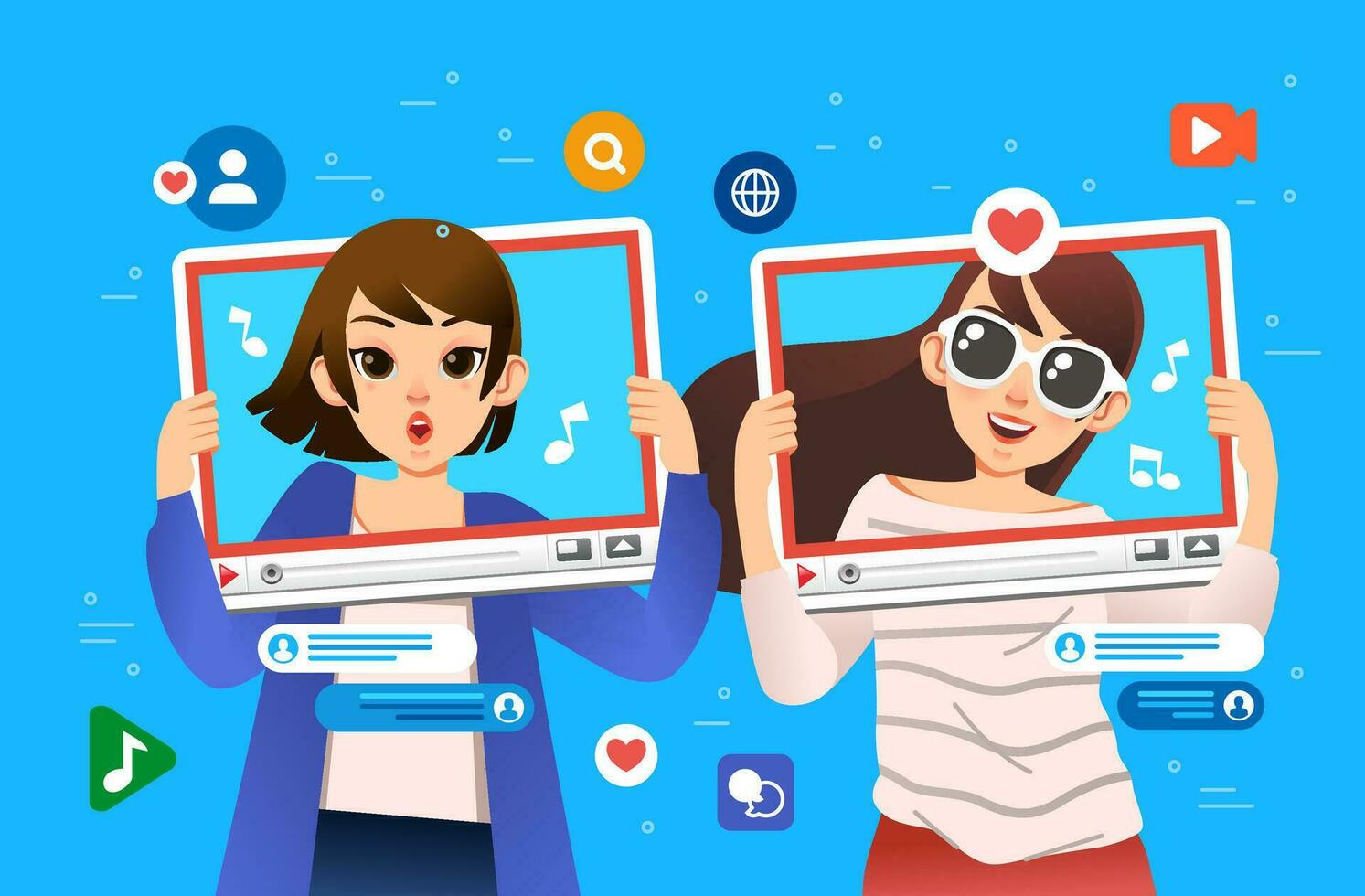 girls singing and talking, making content for social media vector illustration
