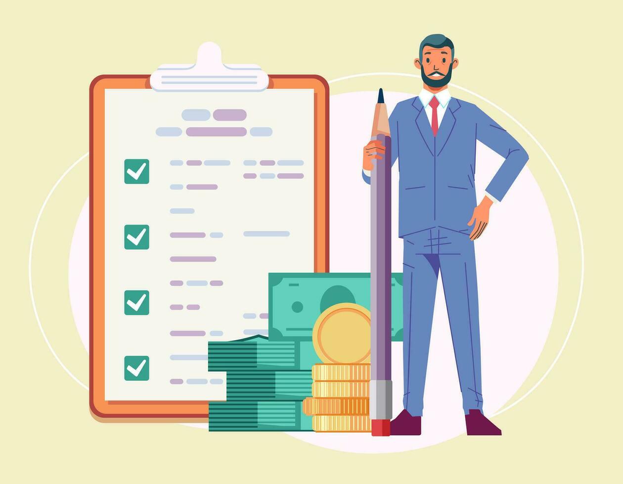 Business man with giant pencil near marked checklist on clipboard paper Successful completion of business tasks Flat vector illustration