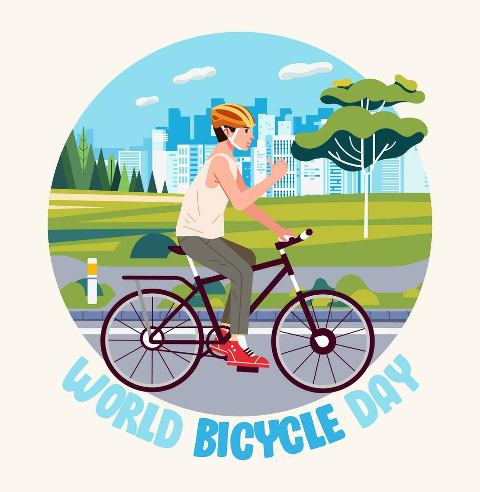 mundo bicicleta día. hombre montando un bicicleta paisaje antecedentes. Vamos verde salvar ambiente bandera póster vector