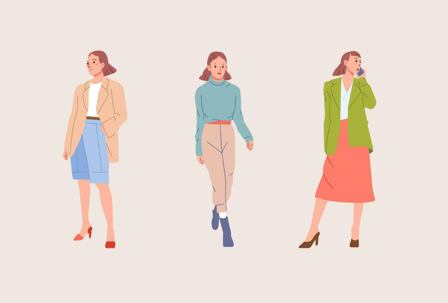 de moda frio joven moderno mujer muchachas en de moda ropa atuendo. casual elegante ciudad calle estilo plano vistoso dibujos animados vector ilustración