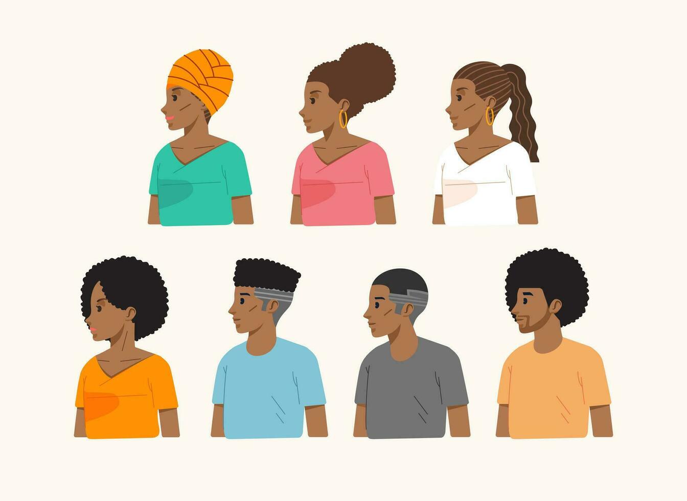 negro personas hombre y mujer retrato personaje lado ver con varios peinados vector ilustración